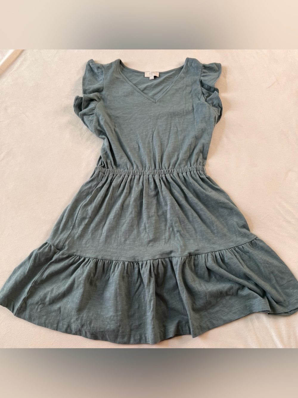 LOFT Flutter Sleeve Gathered-Waist Dress in Muted Teal Sage Green Tiered Cotton